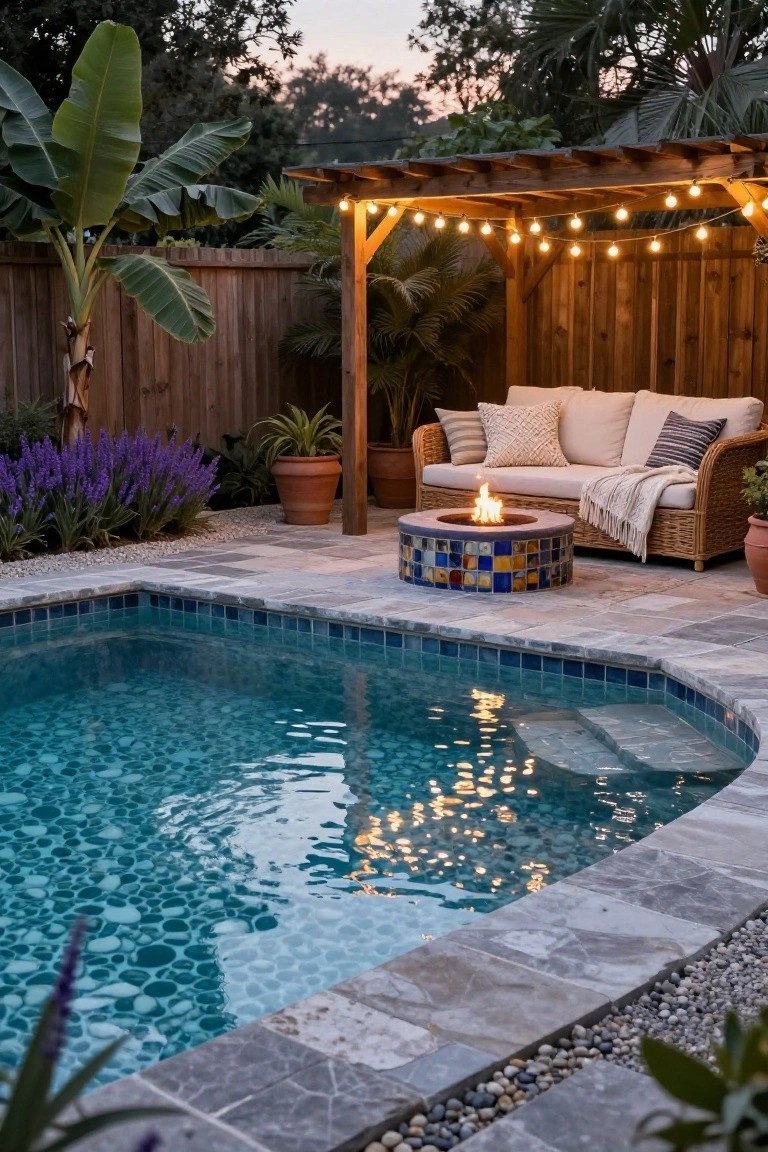 Wooden pergola with white string lights over a cushioned wicker sofa and round tiled fire pit next to a turquoise pebble pool, surrounded by plants, potted greenery, and a privacy fence.