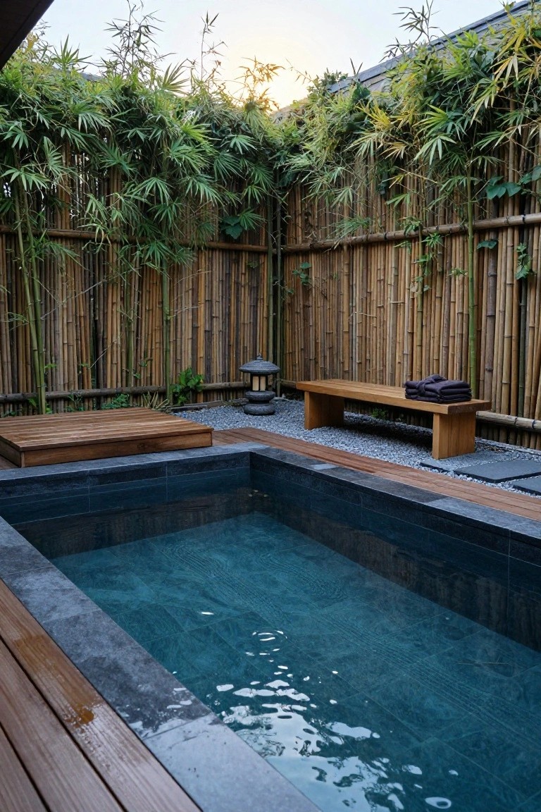 Small rectangular turquoise pool in a bamboo-fenced outdoor courtyard with wooden bench holding purple towels, stone lantern, gravel ground, and wood decking.