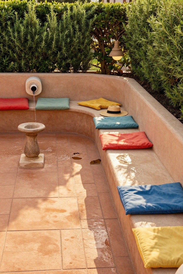 Curved terracotta bench with colorful cushions surrounds a central stone fountain in a small tiled backyard pool area edged by rosemary hedges and a hanging lantern.