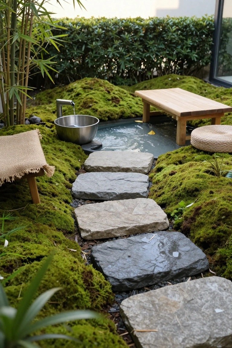 Lush green moss garden with irregular gray stone stepping stones leading to a small stainless steel basin pool filled with water below a dripping metal faucet, bamboo plants, wooden bench, burlap cushion, and woven floor pillow nearby.