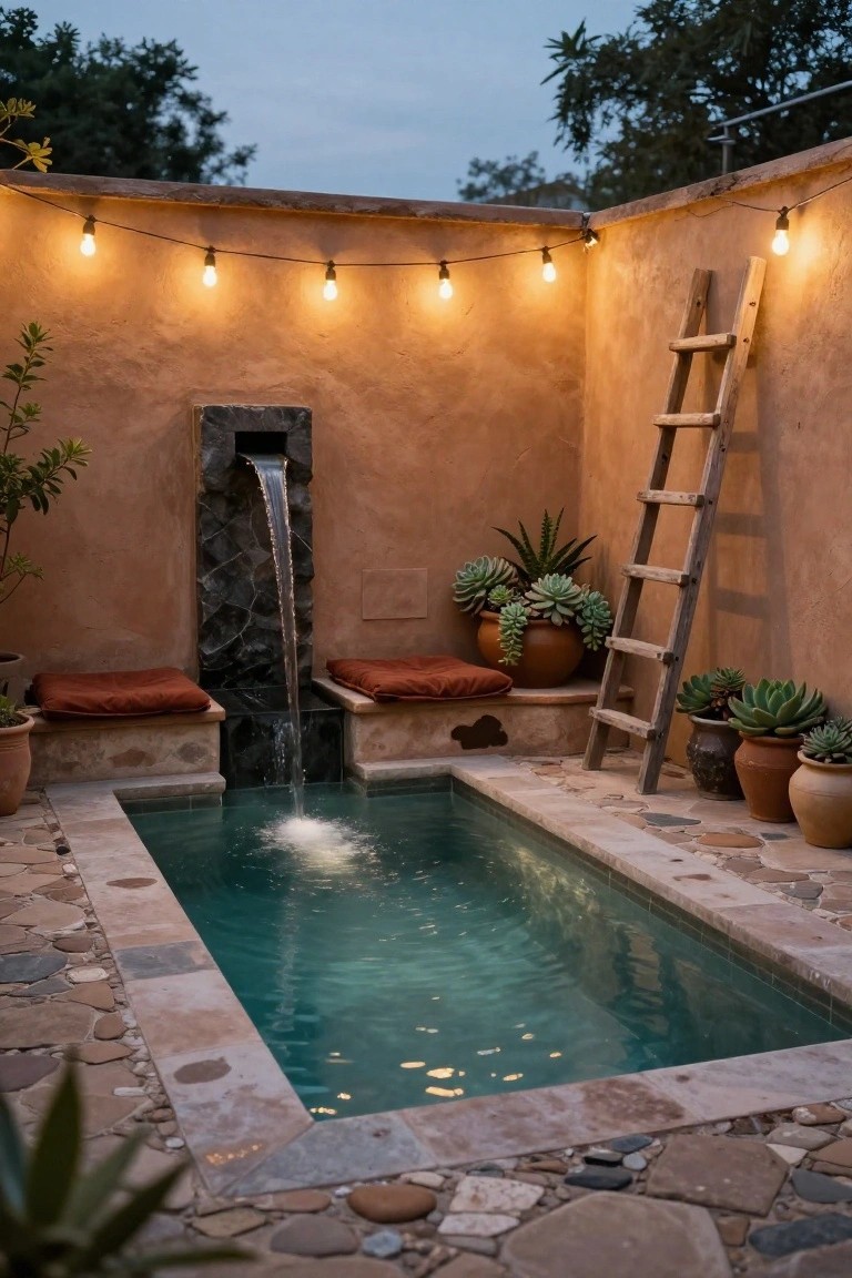 Small turquoise rectangular pool in a stucco-walled courtyard with a dark stone waterfall flowing into one end, flanked by cushioned benches, potted succulents and agaves, string lights overhead, and a wooden ladder leaning against the wall.