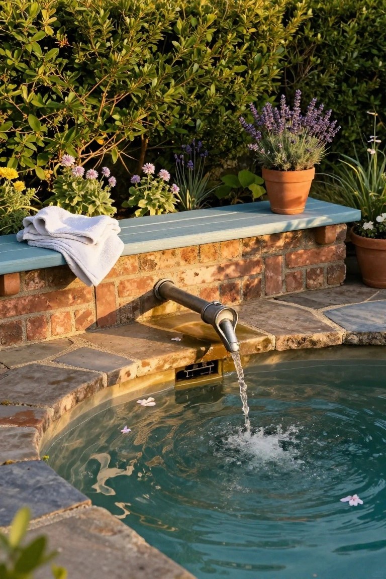 Small turquoise pool in a brick-surrounded corner with water pouring from a brass wall-mounted spout, a wooden bench draped with a white towel above, potted plants and greenery nearby.