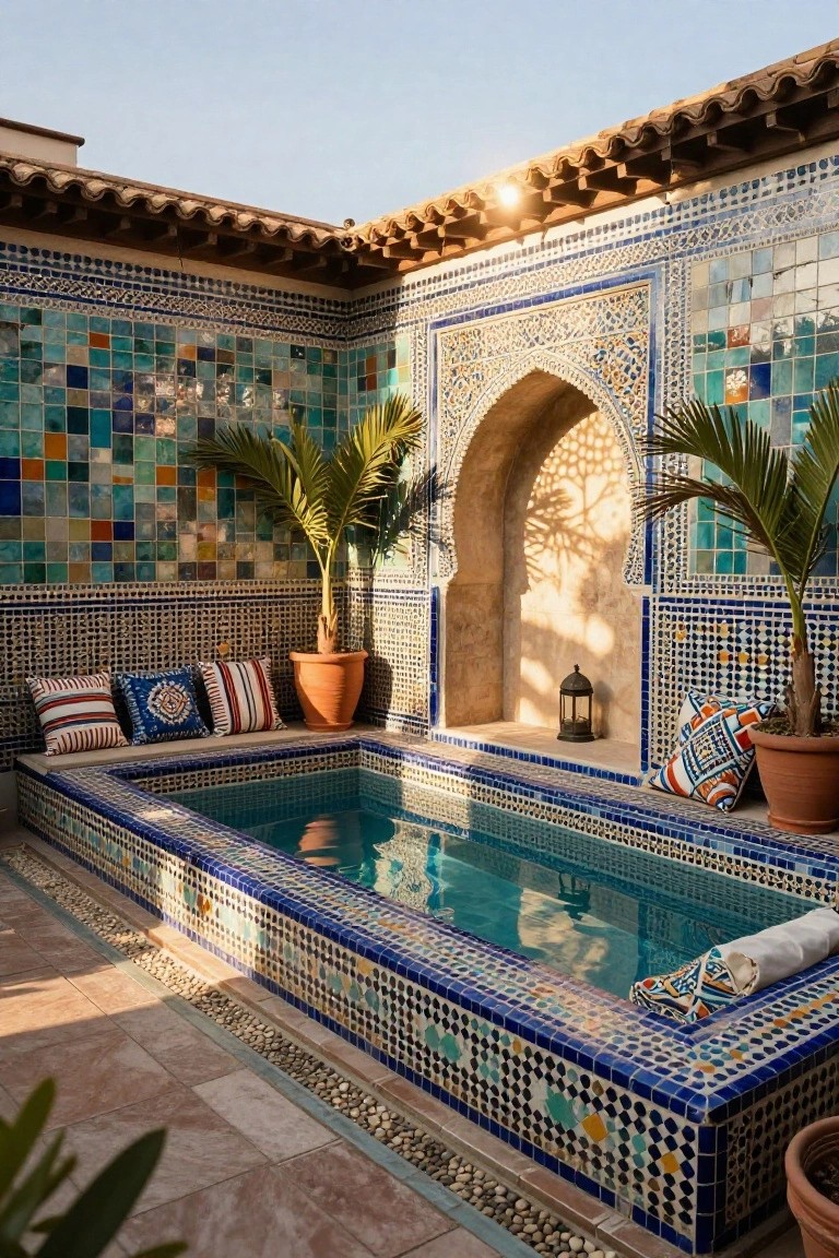 Small rectangular pool with turquoise water and colorful mosaic tile borders, surrounded by built-in cushioned benches, potted plants, palm trees, and a lantern in a tiled outdoor courtyard.