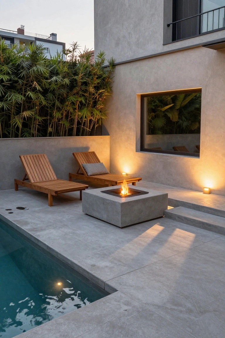 Gray concrete patio beside a turquoise pool holds two wooden loungers facing a square lit concrete fire pit, with bamboo plants, beige stucco wall, window, and warm evening lights.