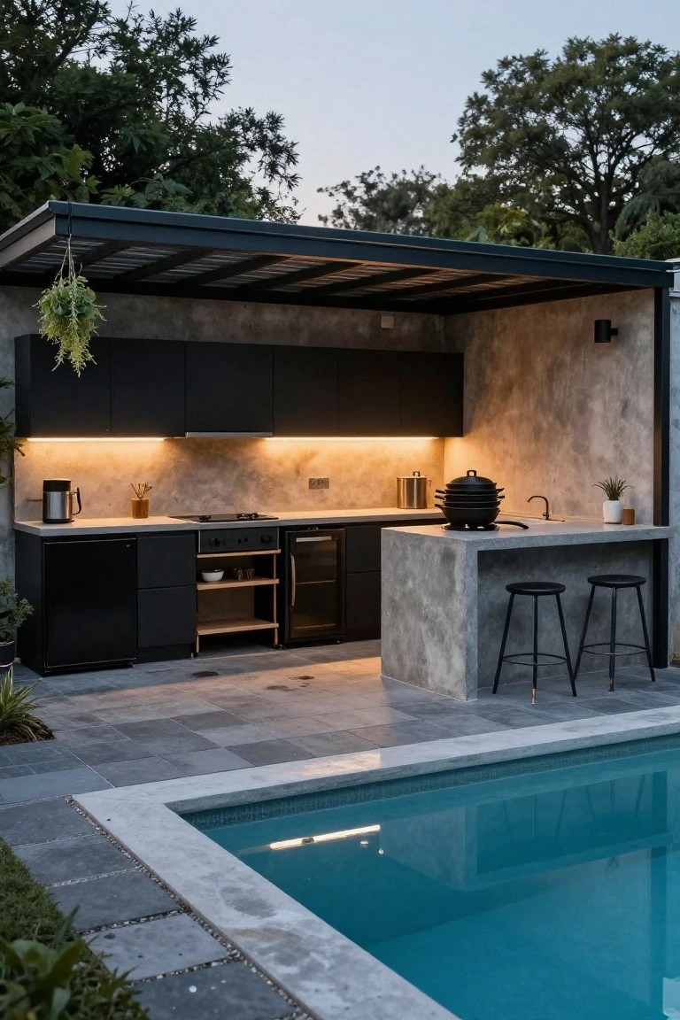 Outdoor kitchen with black cabinets, concrete countertop and peninsula, two black stools, cooktop, and under-cabinet lighting positioned directly beside an inground pool edged with gray tiles and surrounded by greenery.