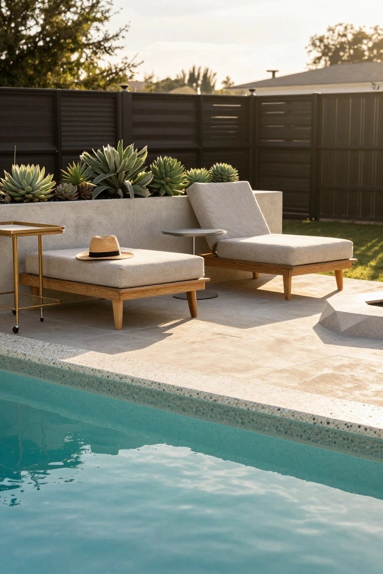 Compact outdoor patio with two beige cushioned wood loungers, matching ottoman with straw hat, gold metal side table, potted succulents against black slatted fence, geometric concrete fire pit, and turquoise pool edge on pebble surface.
