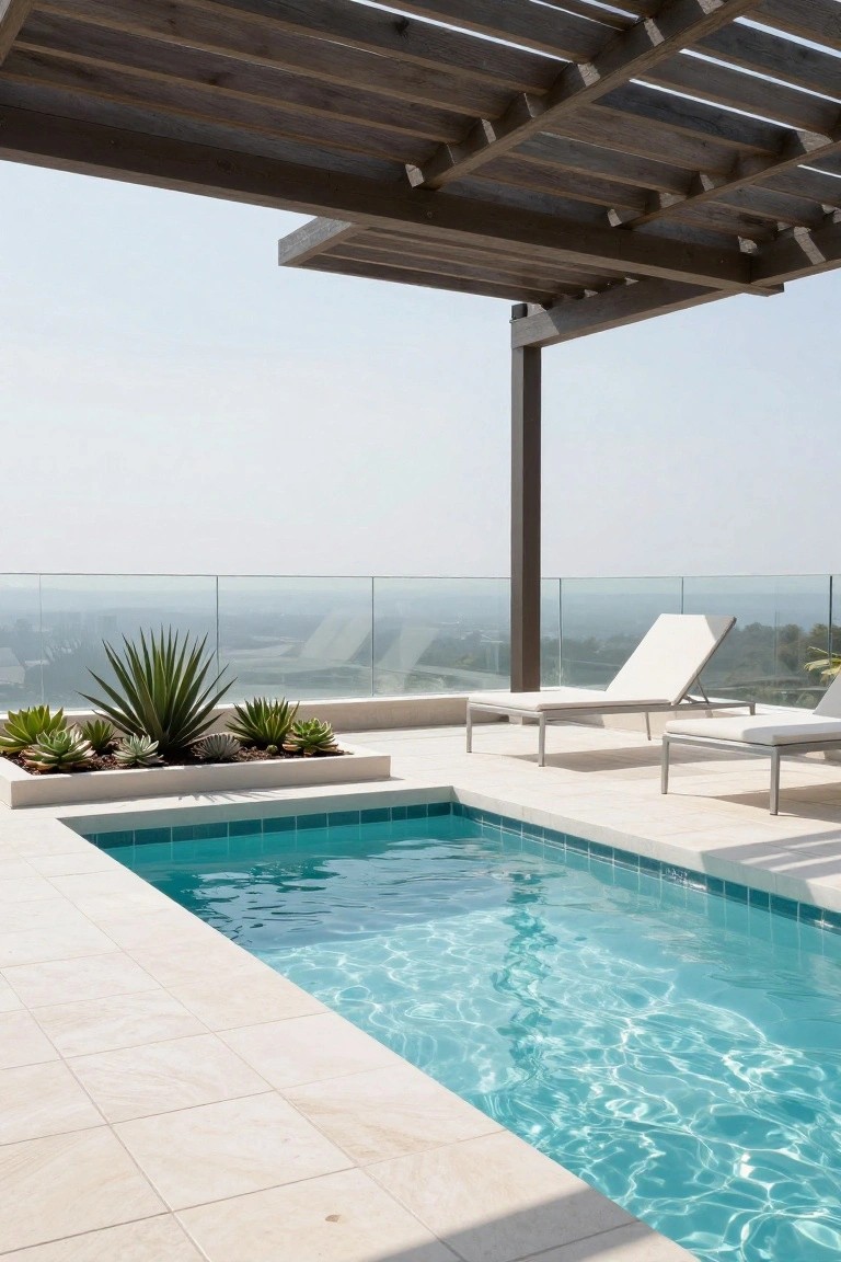 Small turquoise-tiled plunge pool on a white-tiled rooftop terrace under a wooden pergola, with two white lounge chairs, rectangular succulent planter, and glass balustrade overlooking hills and cityscape.