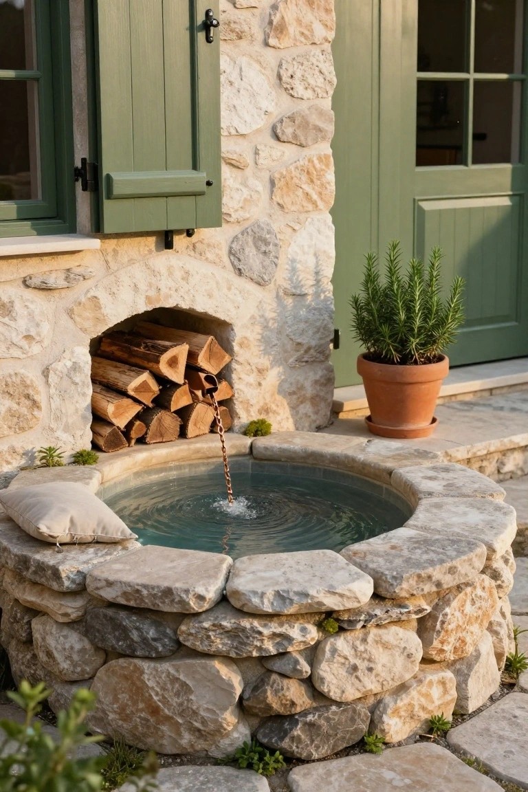 Small circular stone well filled with water on a patio, with a copper chain spout pouring from a firewood alcove built into a stone wall next to green shutters and door.