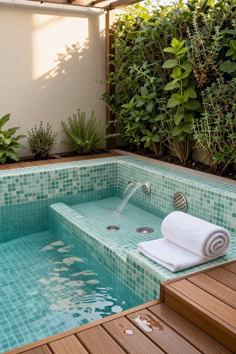 A small turquoise mosaic-tiled hot tub in a backyard corner, with a water jet feature, surrounded by potted herbs and greenery on walls and deck, white towels folded nearby.