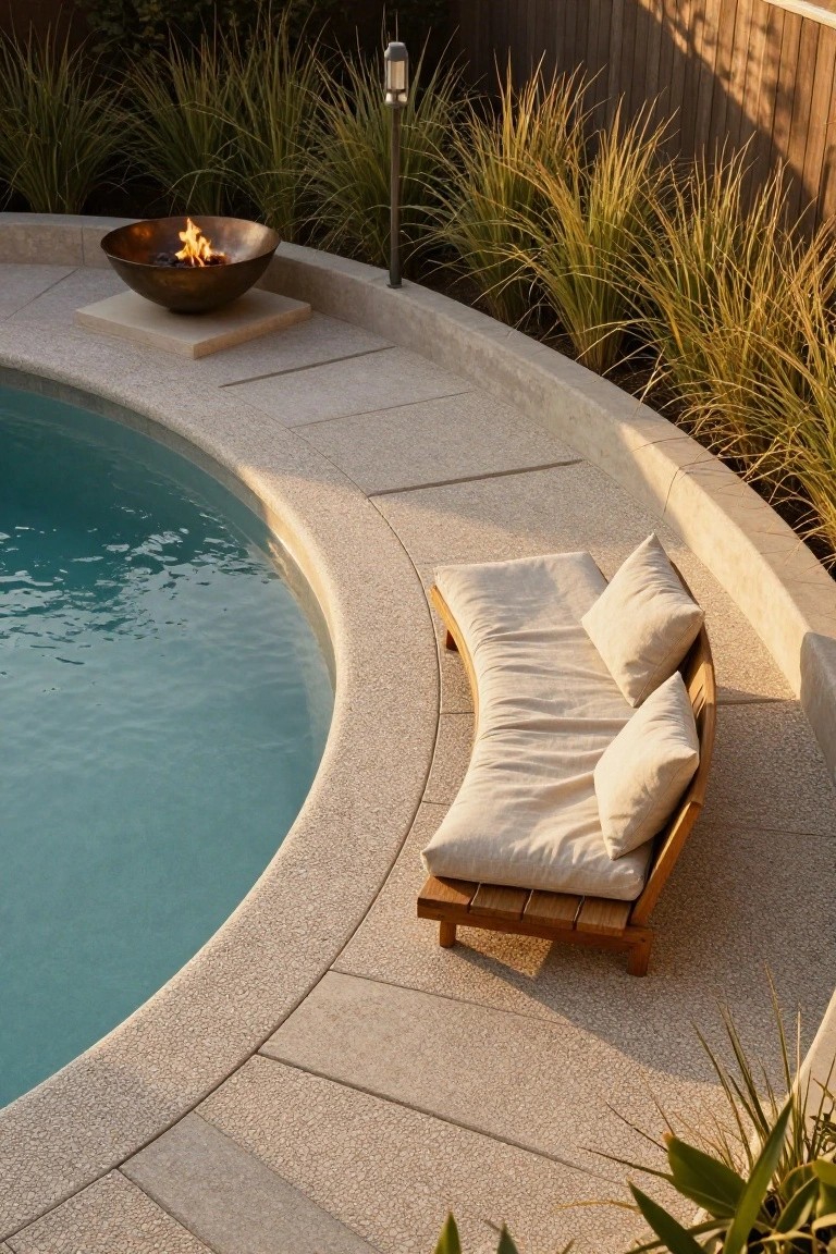Curved wooden daybed with beige cushions along the edge of a round turquoise pool, next to a bronze fire bowl on a stone base surrounded by grasses and a wood fence.