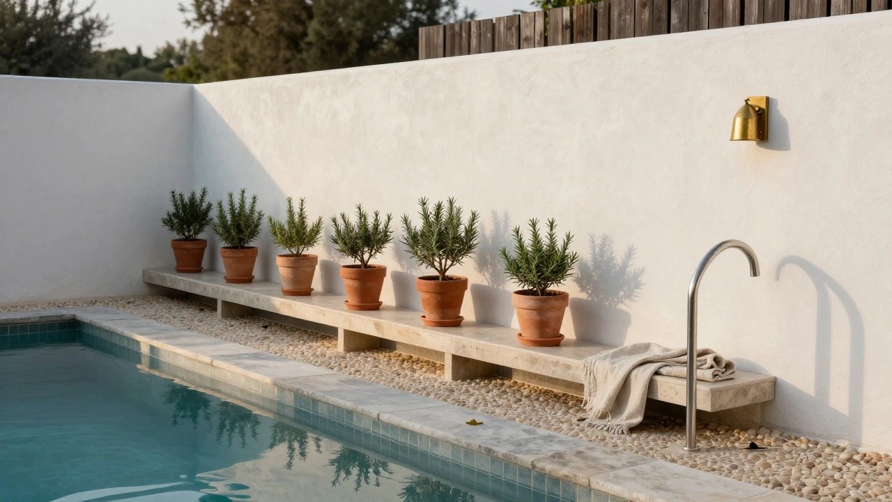 Narrow backyard swimming pool with blue tile, travertine deck edge lined with terracotta pots of rosemary and olive plants, stainless steel ladder railing, draped white linen towel, white stucco wall, wood fence, and pebble border.
