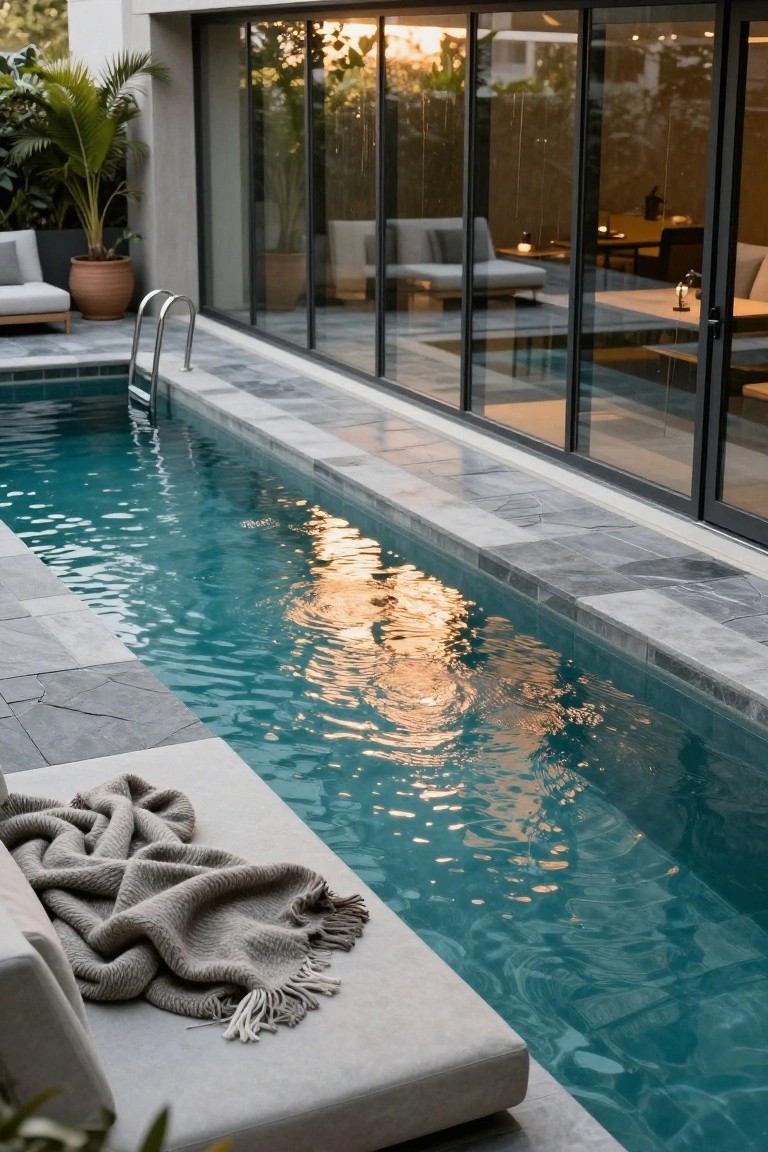 A narrow turquoise pool runs parallel to a modern home's floor-to-ceiling glass wall, with a low gray outdoor lounger draped in a knit throw blanket nearby, potted plants, and a tiled deck at sunset.