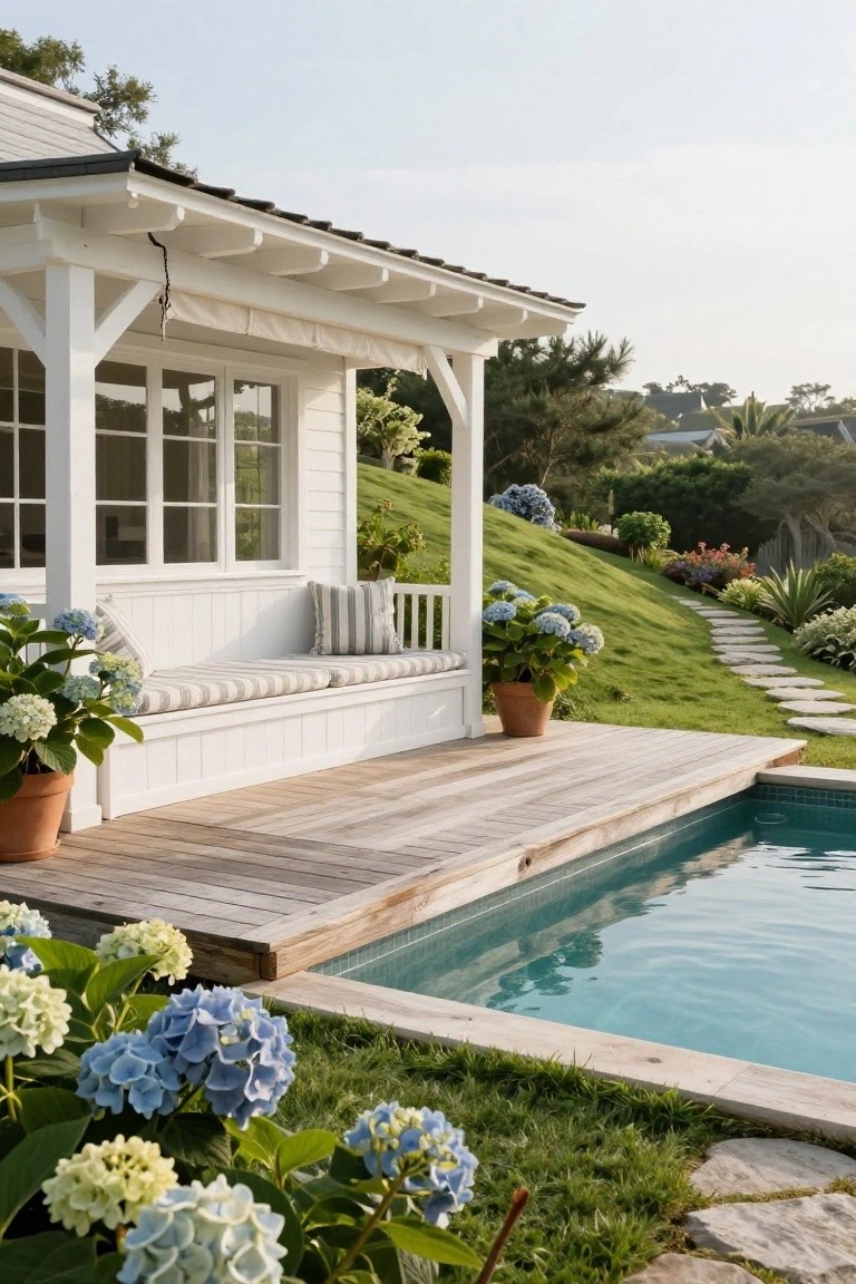 White wood-clad cabana with built-in cushioned bench on wooden deck next to small turquoise pool, surrounded by blue and white hydrangeas, grass, stone path, and hillside landscaping.