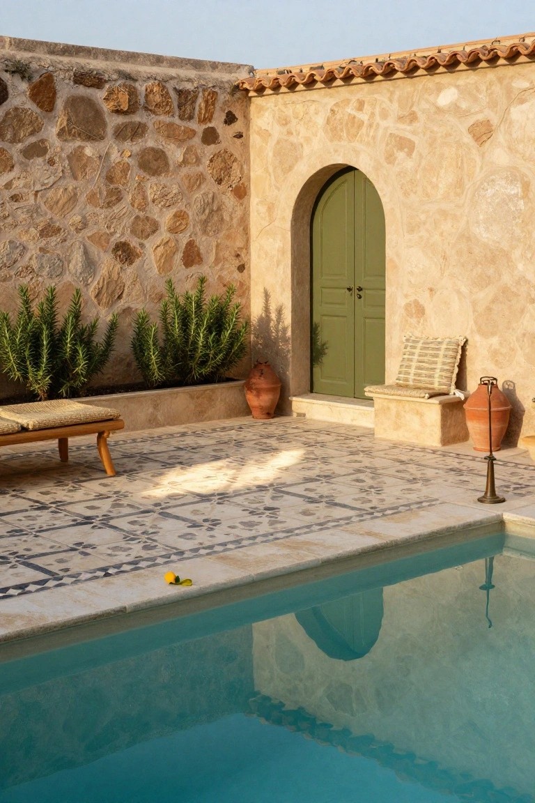 Beige stone walls enclosing a small turquoise pool, with an arched green door, potted spiky plants, wooden daybed lounger on mosaic-tiled patio, and terracotta pots nearby.