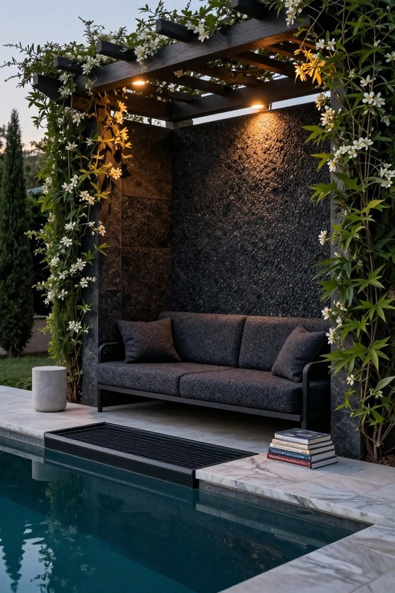 Outdoor seating area with a black pergola covered in green vines and white flowers sheltering a dark gray sofa, against a textured black stone wall, positioned at the edge of a turquoise pool on a light stone deck.