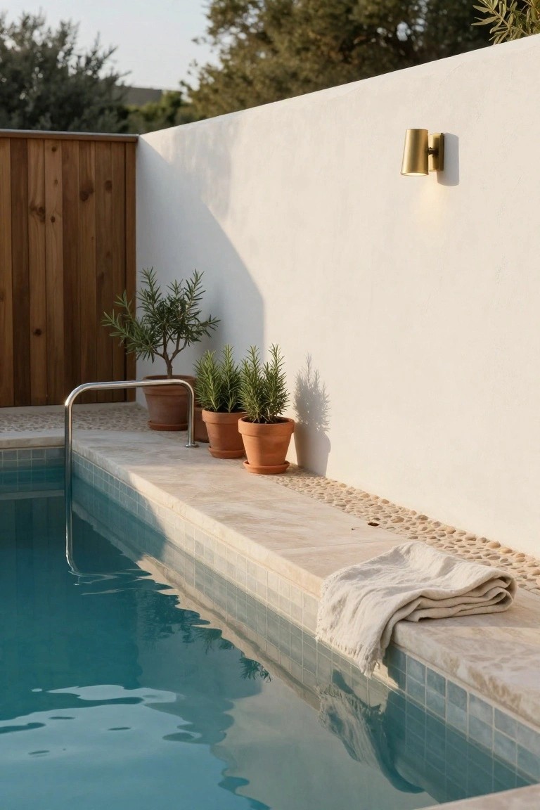 Narrow backyard swimming pool with blue tile, travertine deck edge lined with terracotta pots of rosemary and olive plants, stainless steel ladder railing, draped white linen towel, white stucco wall, wood fence, and pebble border.