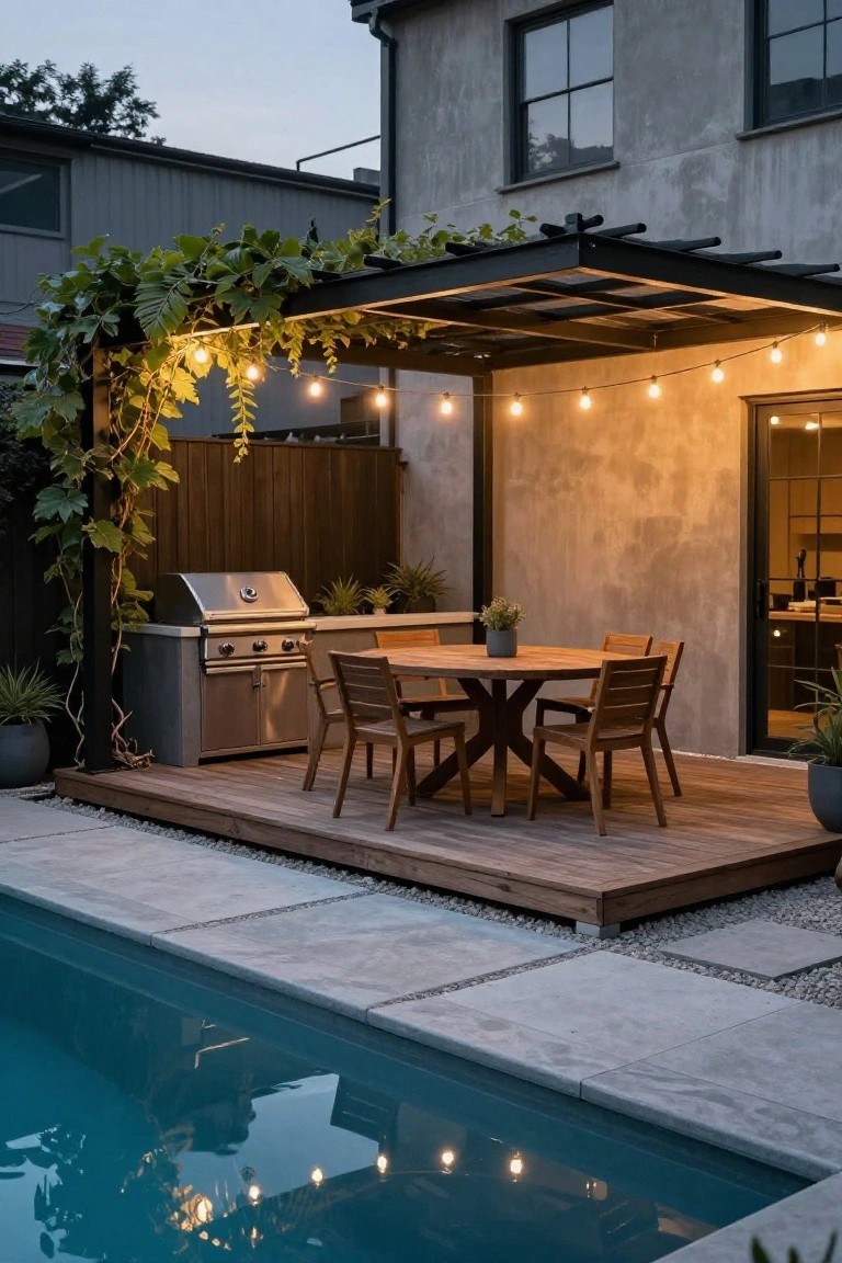 Backyard swimming pool adjacent to a raised wooden deck with round teak dining table, four chairs, stainless steel barbecue grill, potted plants, vine-covered metal pergola with string lights, and concrete house wall nearby.
