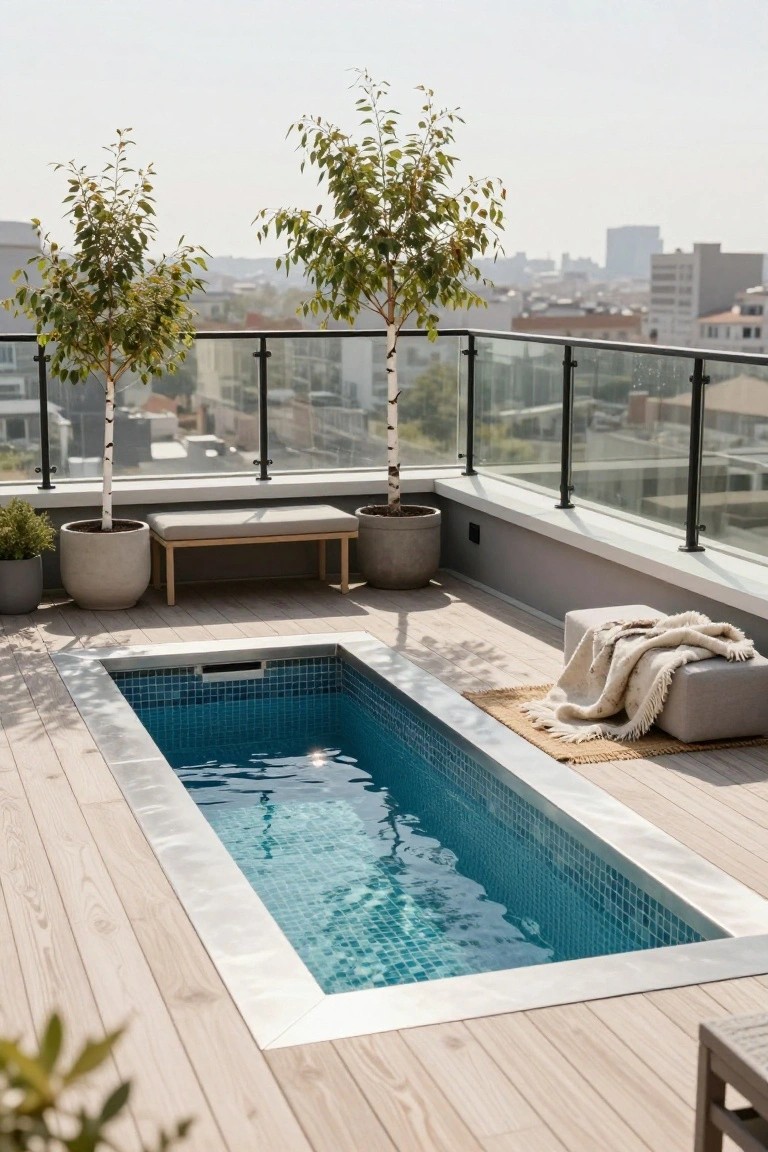 Narrow rectangular plunge pool with blue mosaic tiles on a wooden rooftop deck, flanked by potted birch trees, a bench, ottoman with throw, and glass railings overlooking a city skyline.