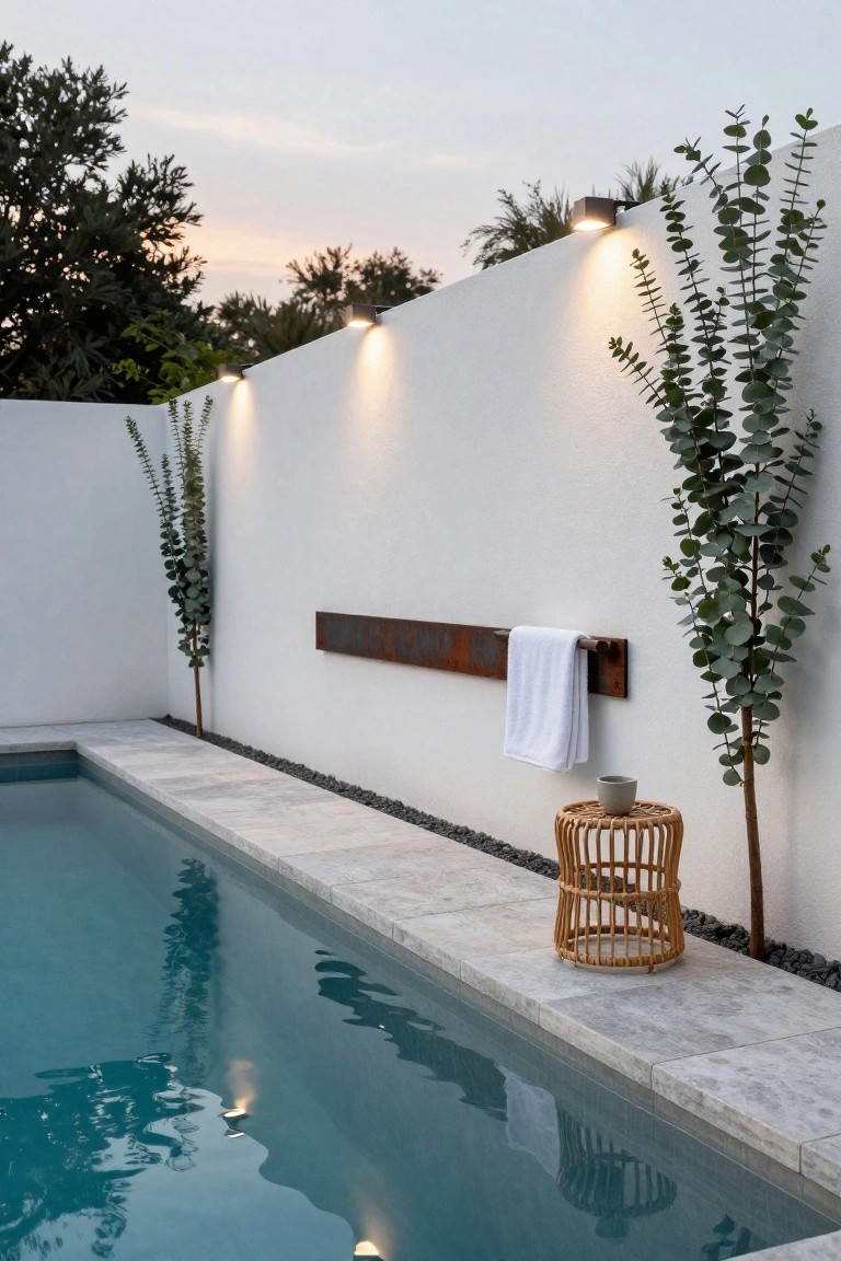 Narrow turquoise lap pool alongside a tall white rendered wall with mounted black lights, rusted metal towel rack holding a white towel, two tall eucalyptus trees, woven rattan side table with cup on it, and grey stone paving edged with pebbles at dusk.
