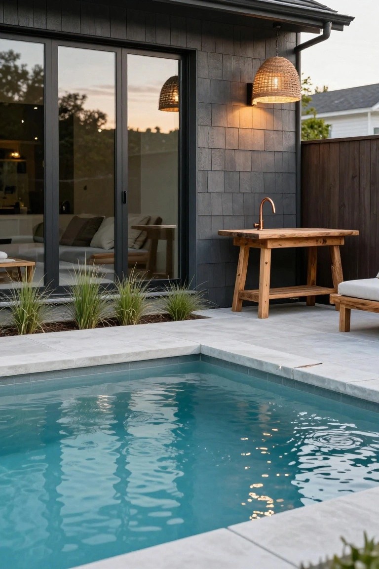 Small rectangular turquoise pool in a backyard patio next to a wooden trestle table with copper gooseneck faucet sink, potted grasses, lounge chair, and large glass doors on a dark shingled house wall with pendant lights.