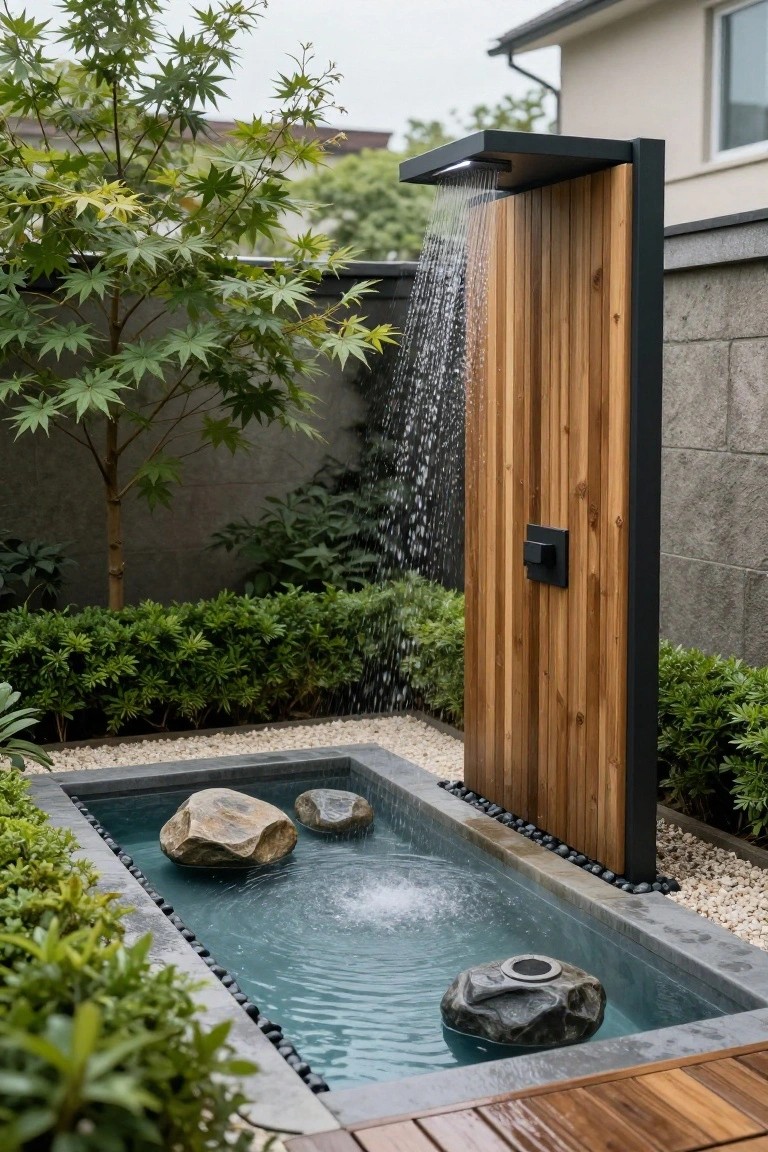 Small rectangular turquoise pool containing large rocks and a stone bubbler, adjacent to a tall wooden rain shower wall with water flowing, surrounded by greenery, pebbles, and stone edging in a backyard.