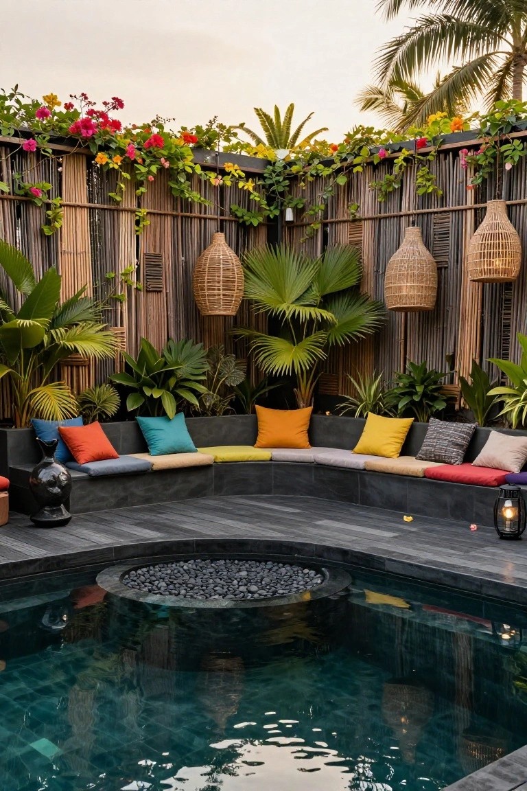23 Clever Pool Deck With Privacy Wall Ideas That Keep It Cozy Curved dark stone pool deck with built-in bench seating topped by colorful cushions, surrounded by bamboo slat privacy walls covered in flowering vines and plants, hanging woven lanterns, and a small fire pit area.