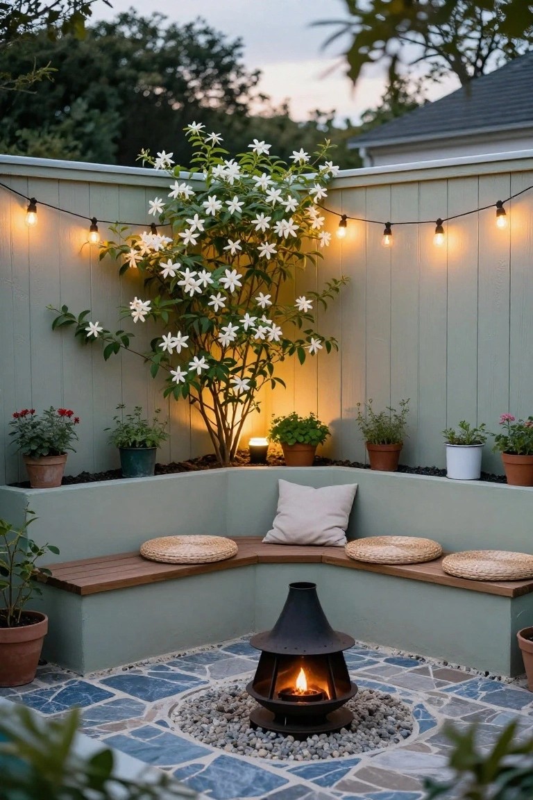 23 Clever Pool Deck With Privacy Wall Ideas That Keep It Cozy Corner outdoor seating nook with wooden L-shaped benches built into a pale green raised planter wall, central black fire pit on blue stone pavers, potted plants, string lights, and white-flowering vine on a wooden privacy fence.