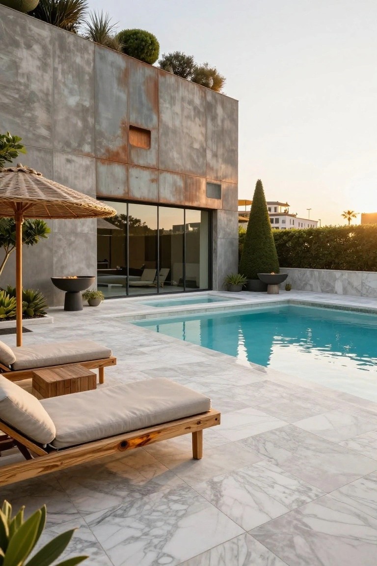 23 Clever Pool Deck With Privacy Wall Ideas That Keep It Cozy Tall textured concrete walls with rusted metal panels enclose a pool deck with turquoise pool, wood loungers under a thatched umbrella, black fire bowl, potted plants, and sunset sky.