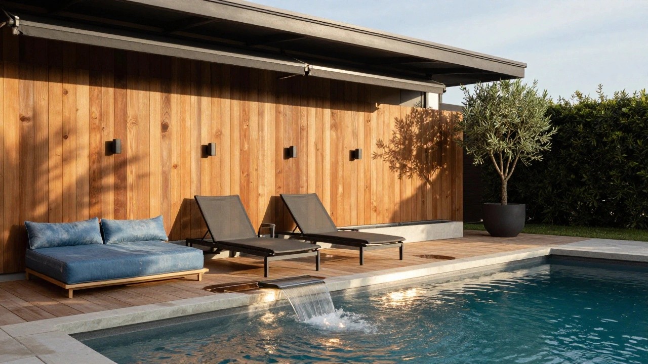 Pool deck with blue fabric loungers lined up against a tall vertical wooden privacy wall under a covered overhang, next to a rectangular pool featuring a stainless steel waterfall edge, with potted olive tree and greenery nearby.