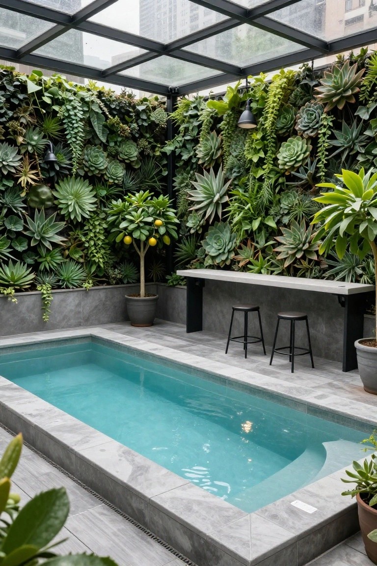 23 Clever Pool Deck With Privacy Wall Ideas That Keep It Cozy Small rectangular turquoise pool on gray tiled deck enclosed by lush vertical green walls of succulents and plants, with concrete bar counter, black stools, potted trees, and glass roof overhead in urban setting.
