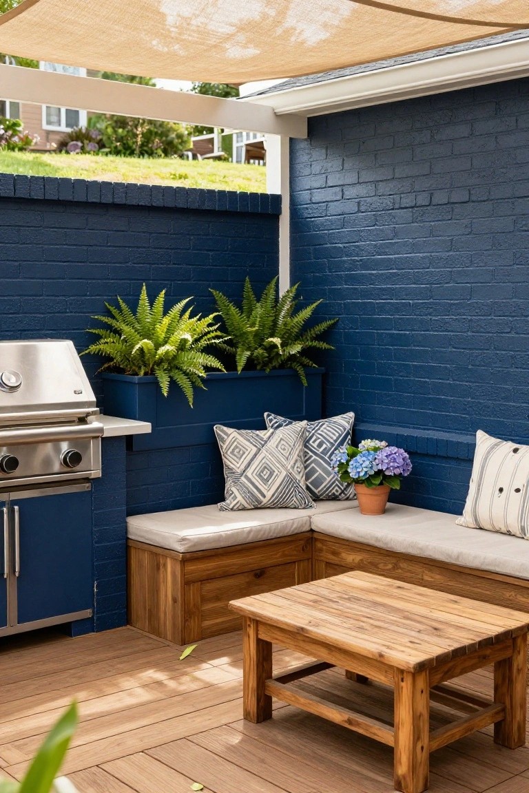 23 Clever Pool Deck With Privacy Wall Ideas That Keep It Cozy Outdoor deck with tall navy brick privacy wall, stainless steel grill in blue cabinet, wooden built-in bench seating around low wooden table, ferns in blue planters atop wall, hydrangea plant on bench, and beige shade sail overhead.