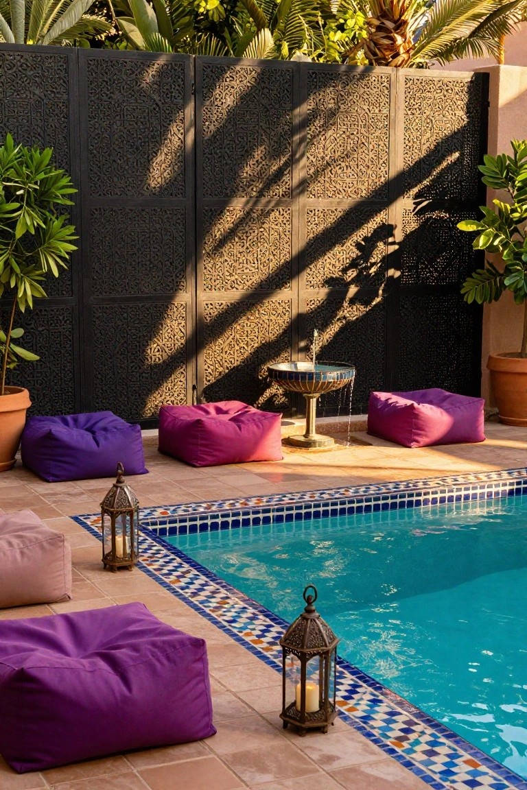 23 Clever Pool Deck With Privacy Wall Ideas That Keep It Cozy Pool deck with purple pouf chairs arranged near a turquoise pool edged in blue and white mosaic tiles, a central fountain on a pedestal, ornate black metal privacy screens, potted palms, and brass lanterns.