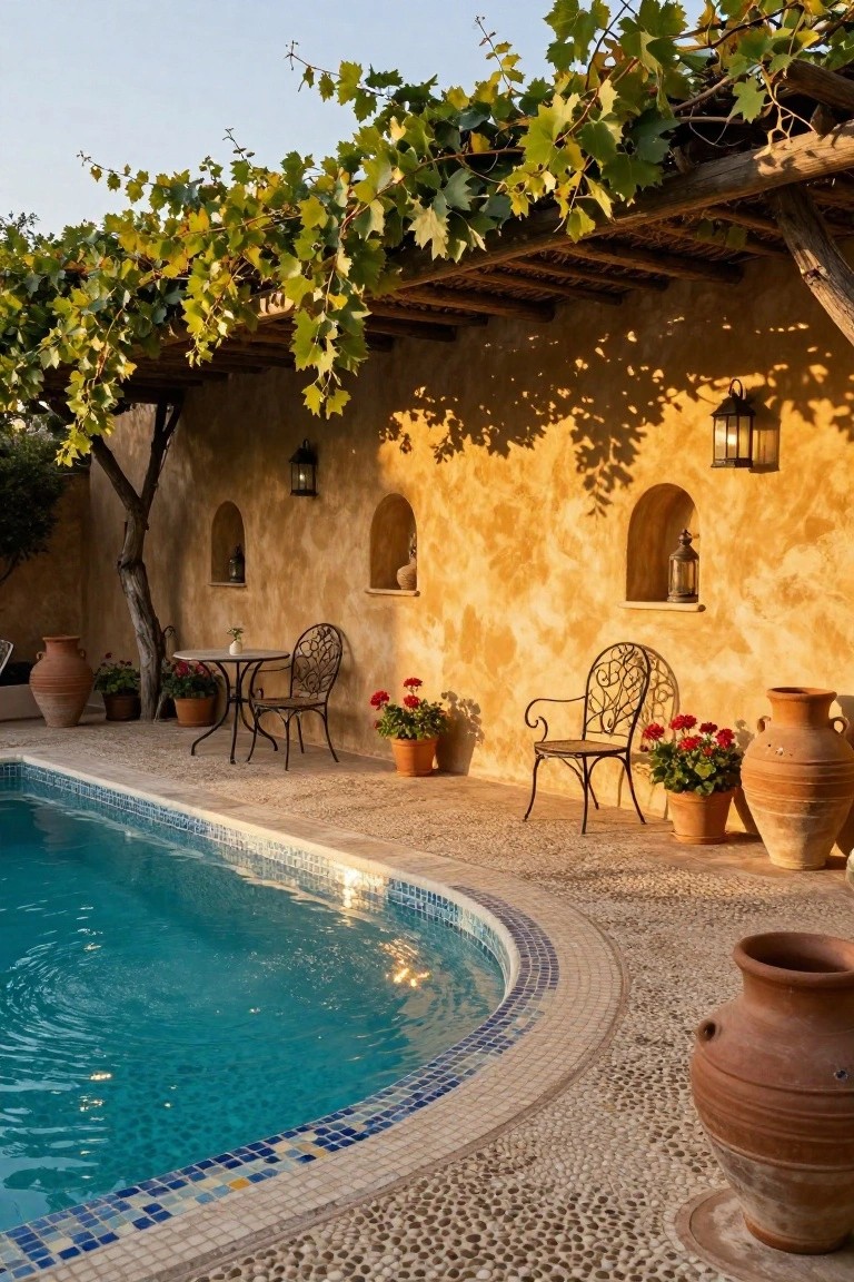 23 Clever Pool Deck With Privacy Wall Ideas That Keep It Cozy Pool deck with turquoise water edged in blue mosaic tiles and pebble surround, next to a tall textured ochre stucco wall featuring arched niches with lanterns and plants, under a wooden pergola covered in green grapevines, with wrought iron chairs, tables, flower pots, and large terracotta jars.