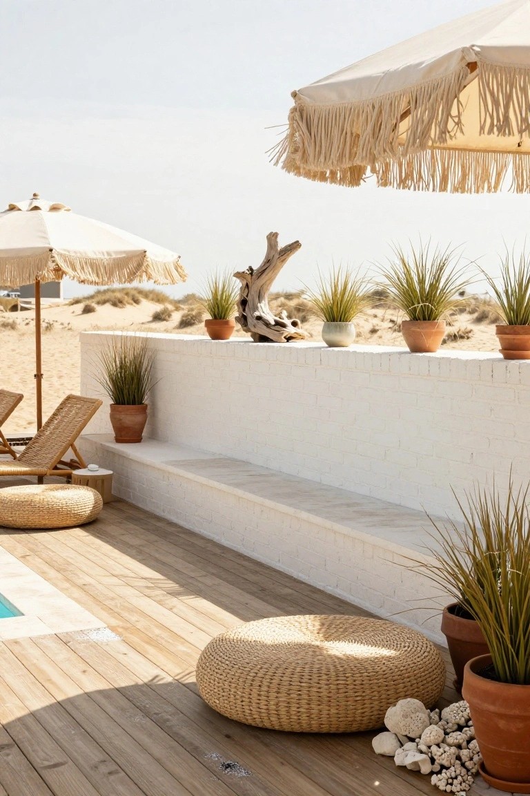 23 Clever Pool Deck With Privacy Wall Ideas That Keep It Cozy Wooden deck beside a turquoise pool with a low white brick privacy wall topped by potted grasses and driftwood, flanked by beige fringed umbrellas, woven chairs, and round poufs.