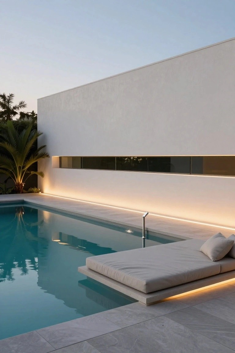 23 Clever Pool Deck With Privacy Wall Ideas That Keep It Cozy Tall white rendered privacy wall beside a turquoise pool on a gray tiled deck, with LED lighting strips along the wall and deck edge, floating beige daybed platform, palm trees, and evening sky.