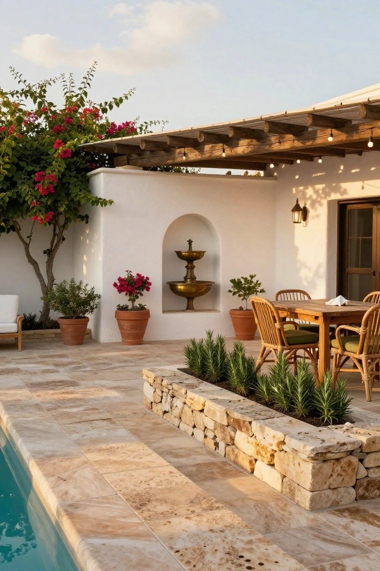 23 Clever Pool Deck With Privacy Wall Ideas That Keep It Cozy Pool deck area with white stucco privacy wall featuring arched niche with brass fountain, potted plants, rattan dining chairs around wooden table, stone planter box along pool edge, and pergola overhead.