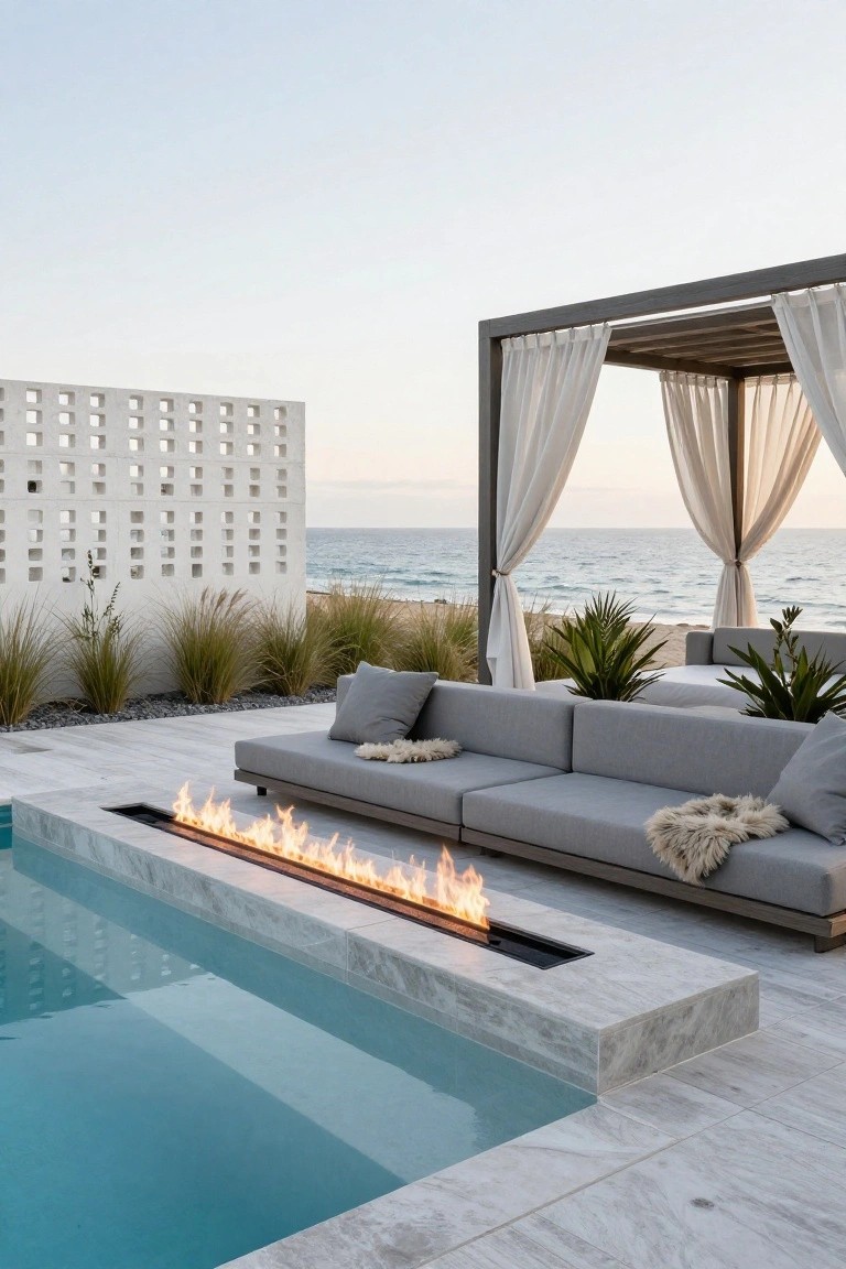 23 Clever Pool Deck With Privacy Wall Ideas That Keep It Cozy Pool deck with linear fire pit along the edge, gray modular sofas with cushions and throws, potted plants, white draped pergola, and tall white perforated block privacy wall next to beach dunes and ocean.