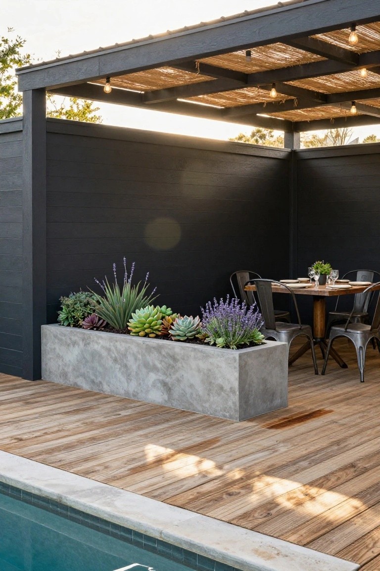 23 Clever Pool Deck With Privacy Wall Ideas That Keep It Cozy Modern patio with concrete planter, succulents, dining table, and poolside wood deck.