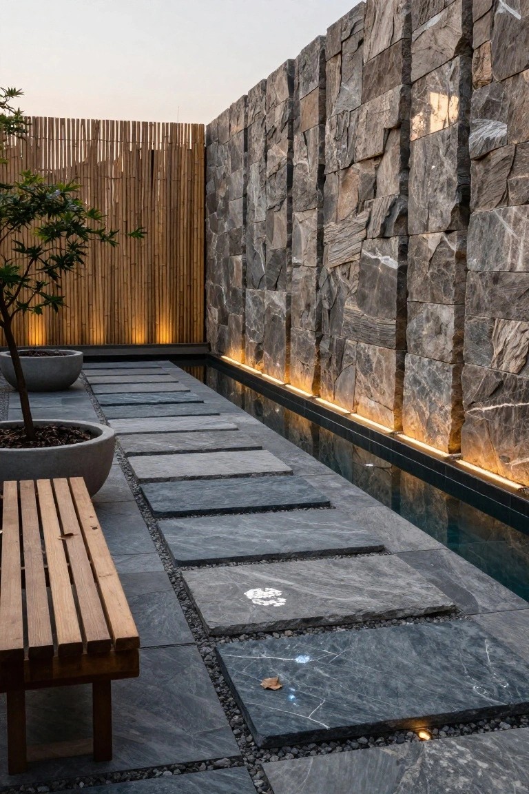 23 Clever Pool Deck With Privacy Wall Ideas That Keep It Cozy Narrow outdoor pool deck with tall stacked stone privacy walls, bamboo screening, linear LED lighting along edges, gray stone stepping path, wooden bench, potted plants, and small trees at dusk.