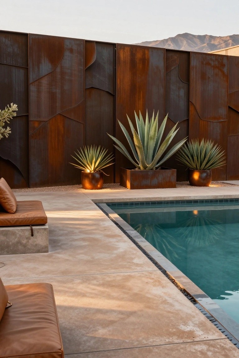 23 Clever Pool Deck With Privacy Wall Ideas That Keep It Cozy Pool deck with tall rusted metal privacy wall featuring geometric cutouts, agave plants in rectangular metal planters and round pots, tan leather loungers on concrete beside a rectangular turquoise pool, and distant mountains.