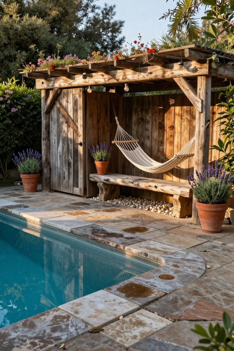 23 Clever Pool Deck With Privacy Wall Ideas That Keep It Cozy Rustic wooden shed under a pergola with a white hammock, wooden bench, potted lavender plants, stone pool deck, and blue swimming pool edged by pebbles and greenery.