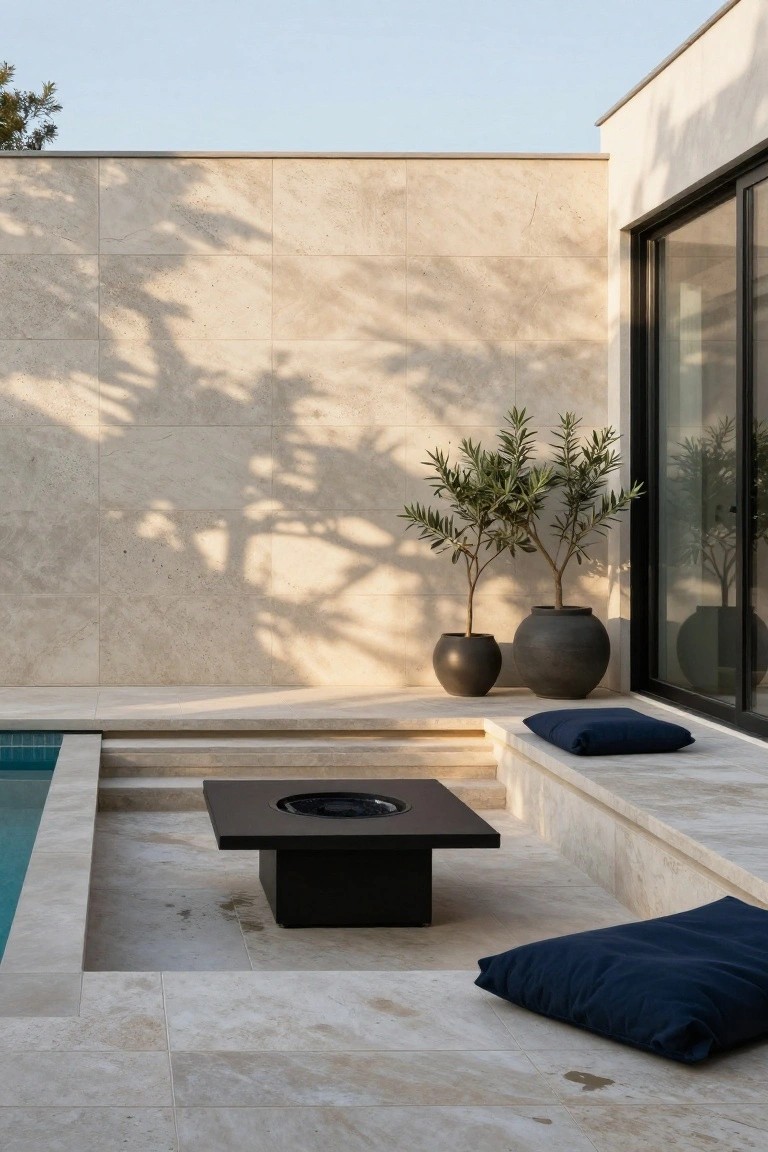 23 Clever Pool Deck With Privacy Wall Ideas That Keep It Cozy Pool deck with beige stone privacy wall, black square fire pit table, navy cushions on steps, two potted olive trees, glass sliding door, and turquoise pool edge.