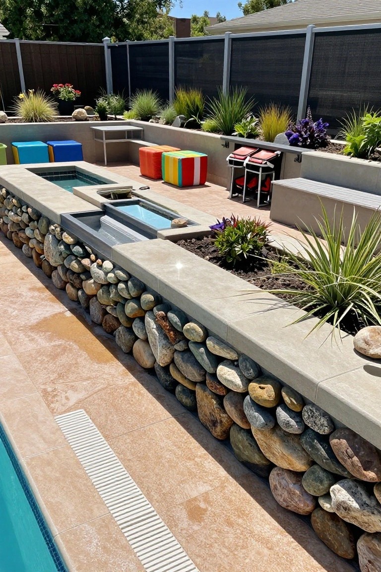 23 Clever Pool Deck With Privacy Wall Ideas That Keep It Cozy Pool deck with turquoise spa, linear water feature, colorful cube seats in blue orange green yellow red, rock-faced concrete retaining wall topped with plants, slatted privacy fence in background, and turquoise pool edge on beige pavers.