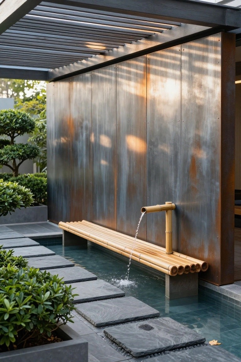 23 Clever Pool Deck With Privacy Wall Ideas That Keep It Cozy Tall rusted metal privacy wall beside a narrow rectangular pool with water flowing from a bamboo fountain, wooden bench on concrete base, stepping stones across the water, potted shrubs, and overhead slatted canopy.