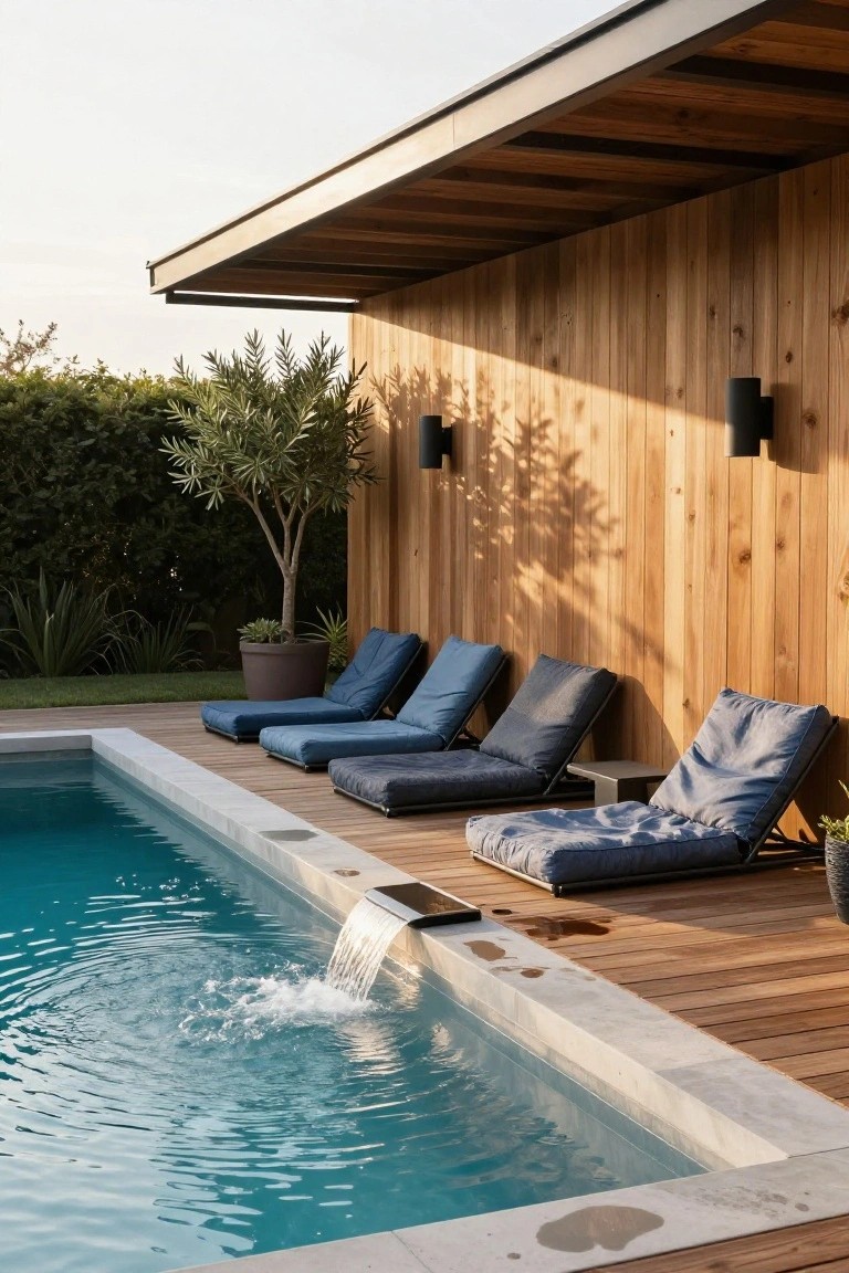 23 Clever Pool Deck With Privacy Wall Ideas That Keep It Cozy Pool deck with blue fabric loungers lined up against a tall vertical wooden privacy wall under a covered overhang, next to a rectangular pool featuring a stainless steel waterfall edge, with potted olive tree and greenery nearby.