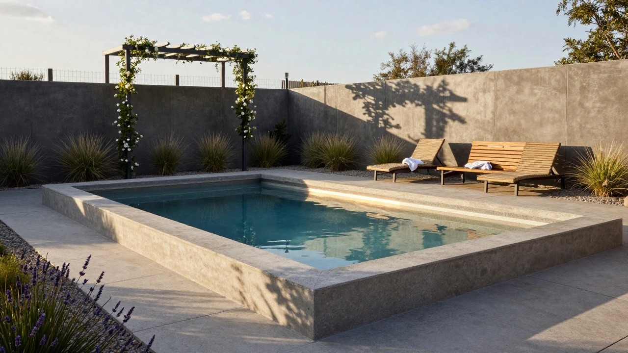 Narrow rectangular concrete pool with turquoise water, surrounded by polished concrete decking, rattan lounge chairs and bench, lavender plants, grasses, white flowering vine arch on metal pergola, and concrete wall in backyard at sunset.