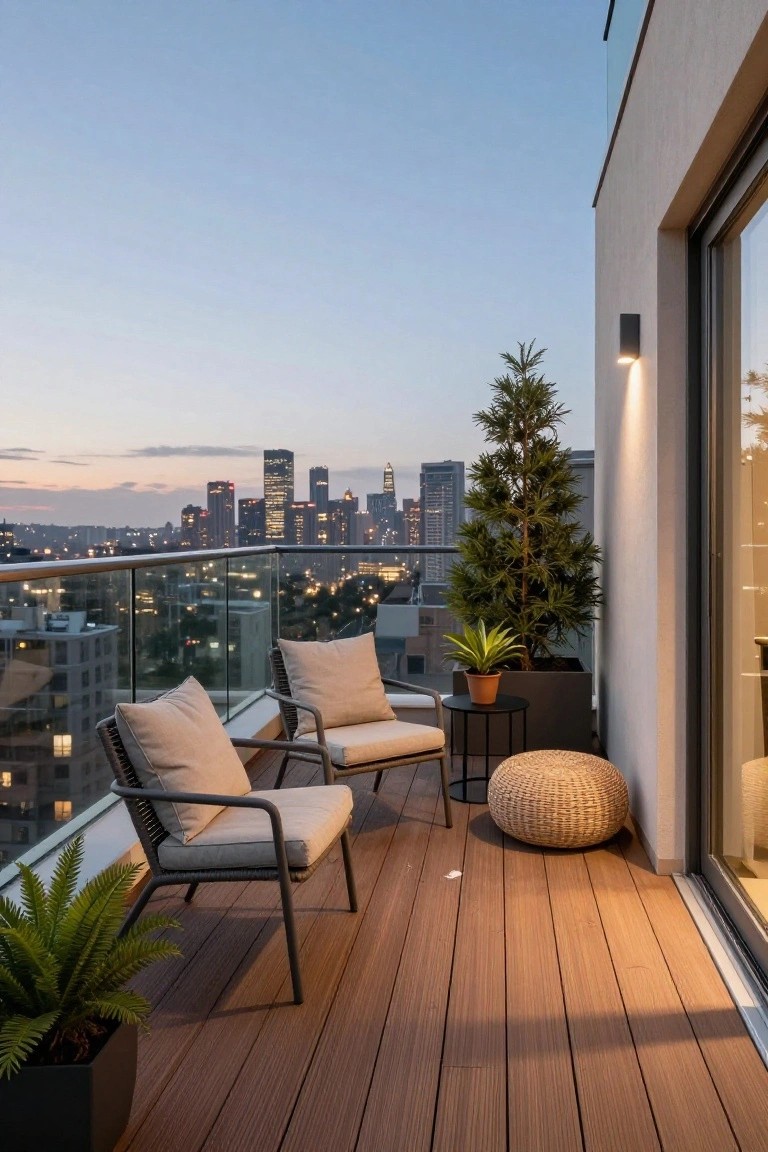Balcony deck with two beige cushioned lounge chairs around a small black metal table, surrounded by potted plants including a tall conifer tree, ferns, and a succulent, glass railing with city skyline view at dusk, wooden flooring.
