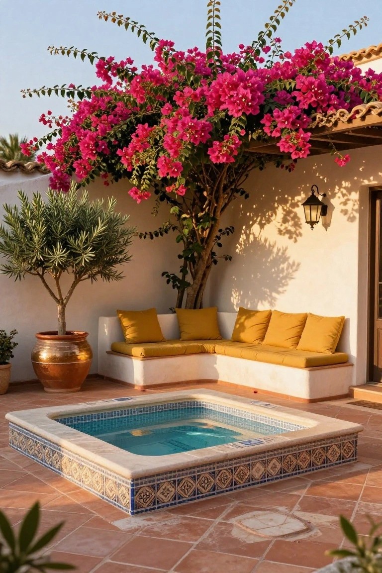 Outdoor terrace with square turquoise hot tub on terracotta tiles, white L-shaped bench with yellow cushions, potted olive tree in copper pot, and pink bougainvillea vines overhanging from tiled roof against white walls.