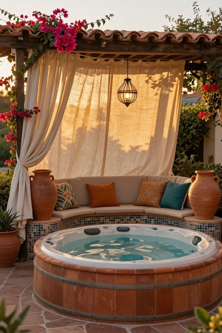 Wooden pergola covered in pink bougainvillea with white sheer curtains partially enclosing a round brick hot tub surrounded by curved bench seating with colorful cushions, flanked by large terracotta pots on a tiled outdoor patio.