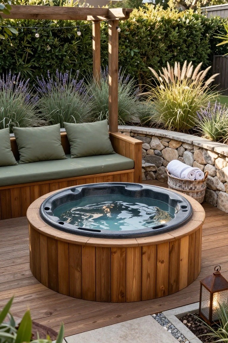 Wooden hot tub on a deck with curved built-in bench seating featuring green cushions, stone wall backdrop with plants and towel basket, wooden pergola overhead with string lights.